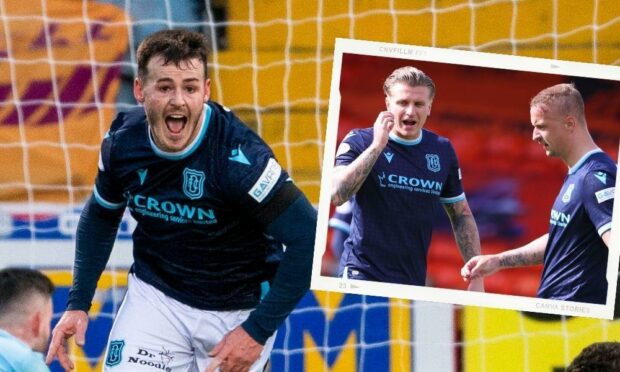 Danny Mullen celebrates his goal against Motherwell. Inset: Jason Cummings and Leigh Griffiths.