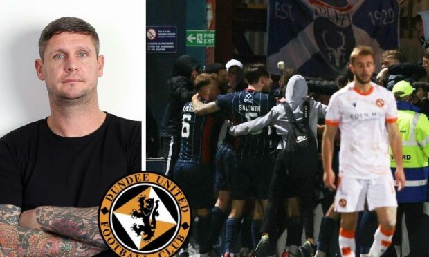 Lee Wilkie (left) with Ross County celebrating their late equaliser against Dundee United (right).