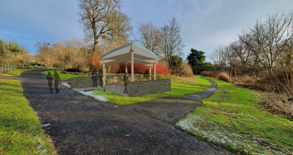How the proposed new shelter in the Ninewells Community Garden would look in the garden once it is built