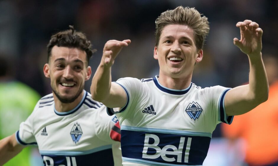 Ryan Gauld celebrates finding the net for Vancouver Whitecaps