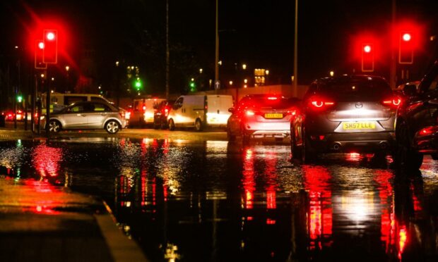 Cars queueing on East Dock Street in Dundee on Tuesday night.