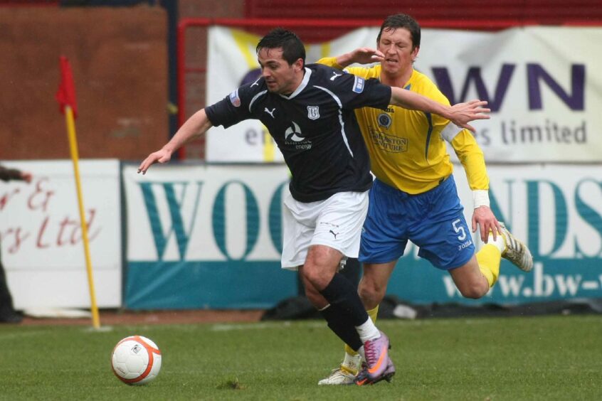 Sean Higgins against Queen of the South at Dens Park in March 2011 - his last game for Dundee