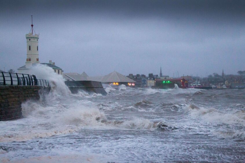 Arbroath harbour being lashed during Storm Barra.