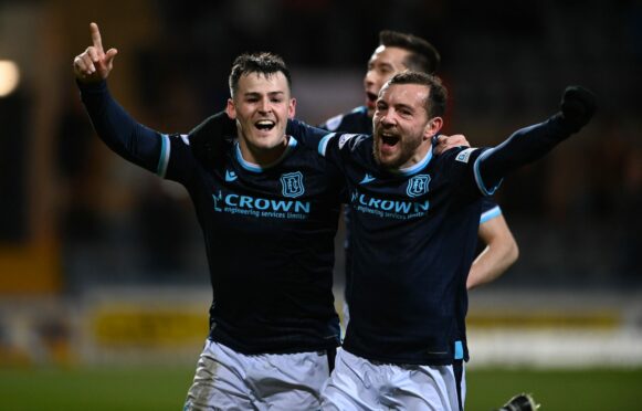 Dundee's Danny Mullen and Paul McMullan celebrate the opening goal.