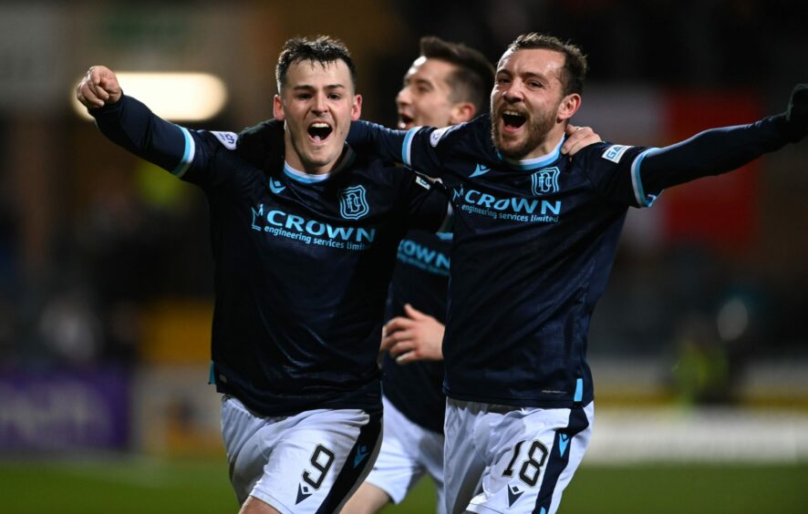 Danny Mullen and Paul McMullan celebrate against St Johnstone in December.