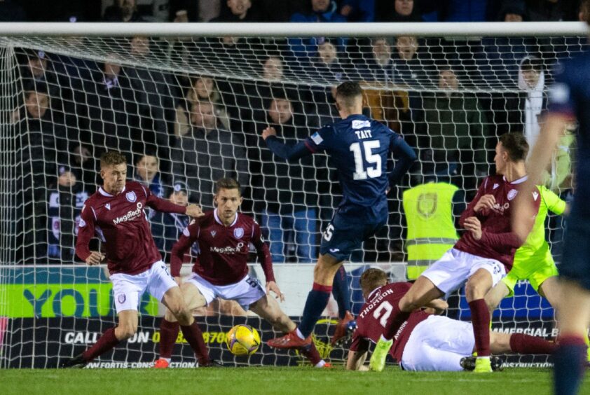 The Arbroath players put their bodies on the line as Thomas O'Brien (5) braces himself for Dylan Tait's shot at goal in the last Lichties v Raith clash at Gayfield.