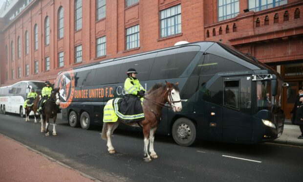 Dundee United's bus outside Ibrox stadium. Image Alan Harvey/SNS Group