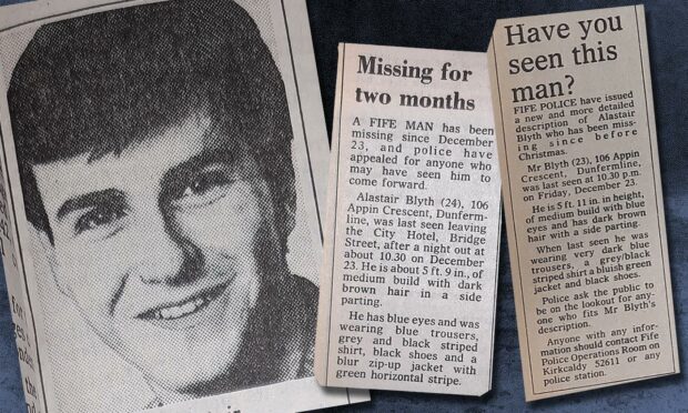 Courier newspaper clippings from 1989 of search appeals for missing Dunfermline man who disappeared  in 1988.