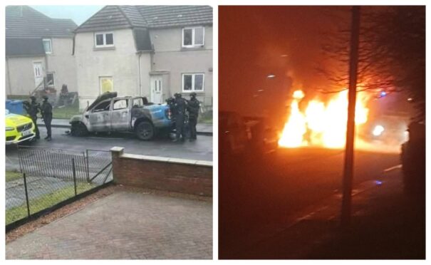 Armed police officers at the street in Kinglassie and, right, the burning car.