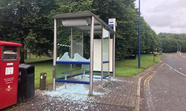 A smashed bus shelter at Technology Park, Dundee.