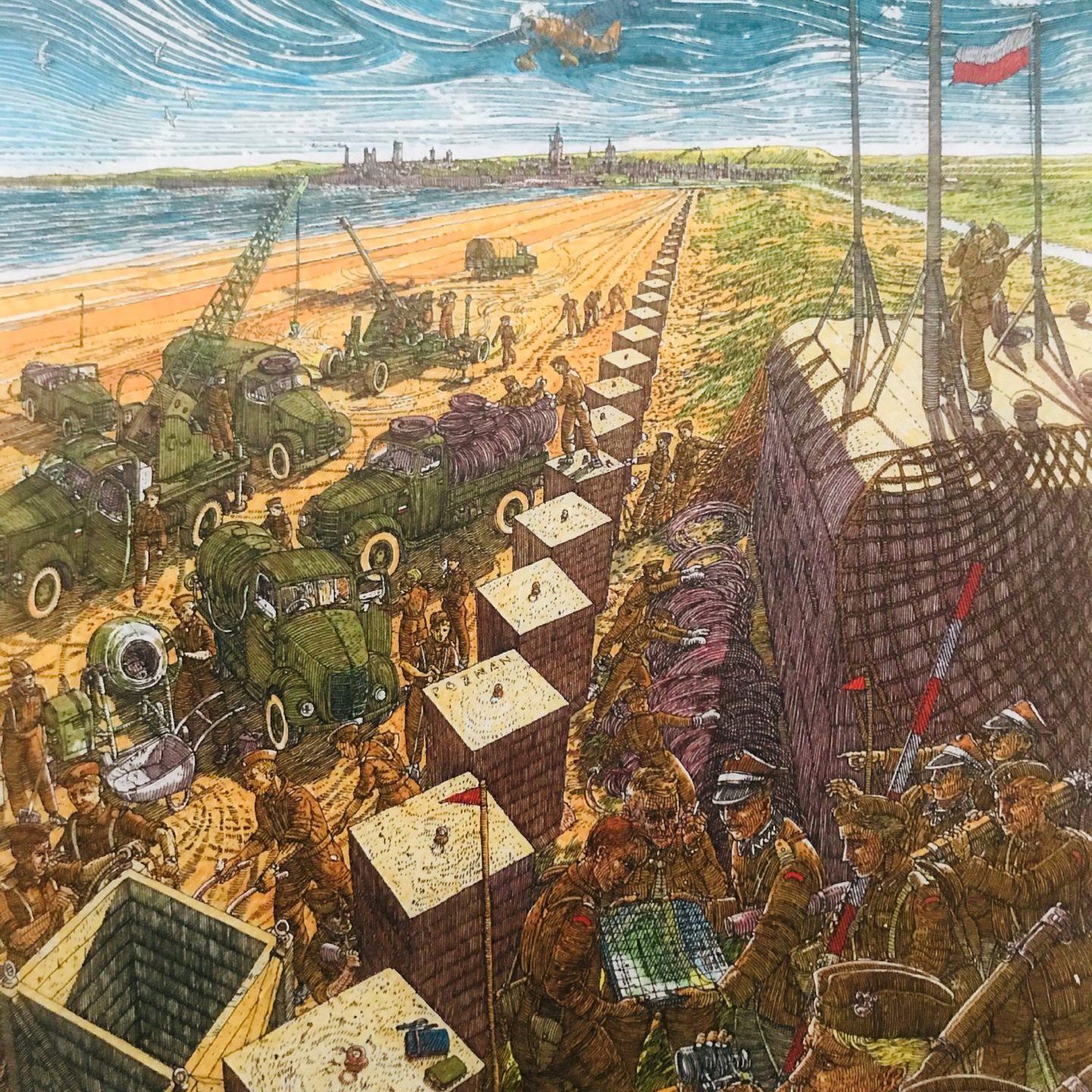 Work by St Andrews artist Jurek Putter showing construction of the exiled Polish Army's coastal defensive Eastwall at West Sands, St Andrews, during the Second World War. 