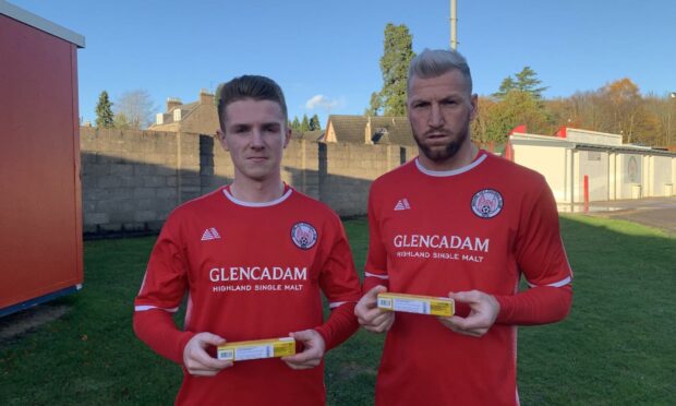 Brechin City players Kieran Inglis and Iain Davidson after the overdose training