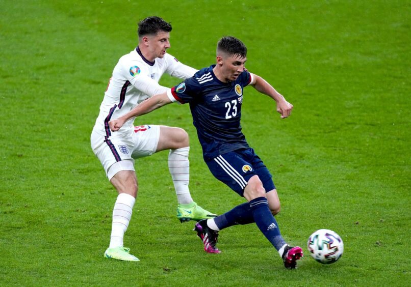 England's Mason Mount (left) and Scotland's Billy Gilmour battle for the ball during the UEFA Euro 2020 Group D match at Wembley Stadium, which ended in a 0-0 draw. Mike Egerton/PA Wire/PA Images.