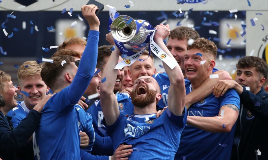 St Johnstone completed the historic double cup win by also taking home the Scottish Cup. St Johnstone's Shaun Rooney is seen here celebrating with his team. Andrew Milligan/PA Wire/PA Images.