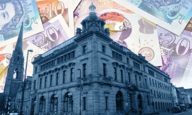 Perth and Kinross Council HQ, against background with banknotes design.