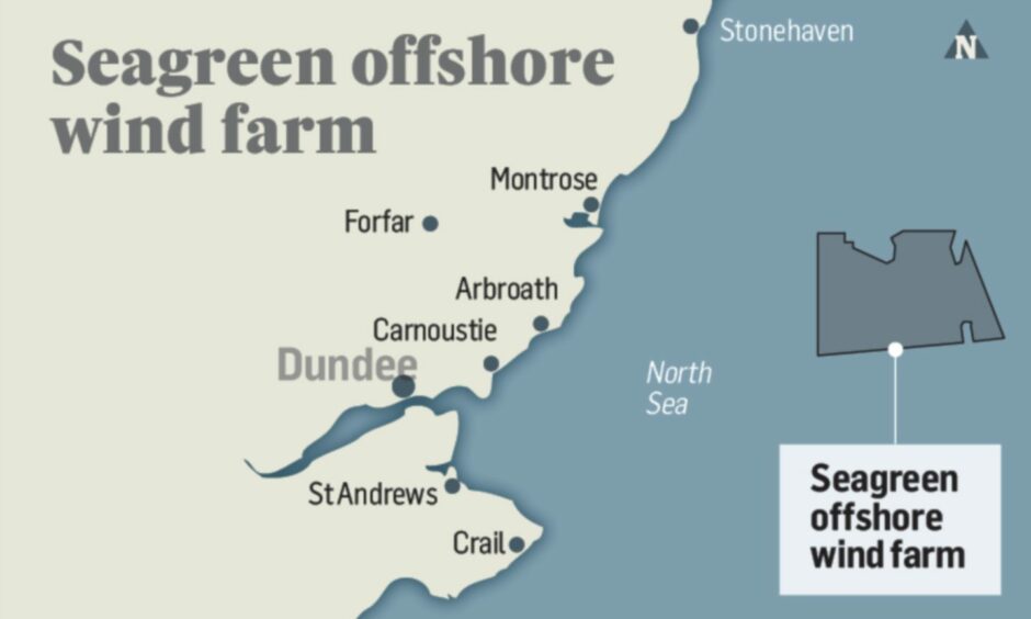 image shows a map of the east coast of Scotland, with towns in Fife, Dundee and Angus marked on land and the Seagreen offshore wind farm in the North Sea.