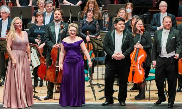 Sinéad Campbell-Wallace, Catriona Hewitson, David Junghoon Kim and Roland Wood in Scottish Opera's The Puccini Collection at Dundee's Caird Hall. Photo: Fraser Band.