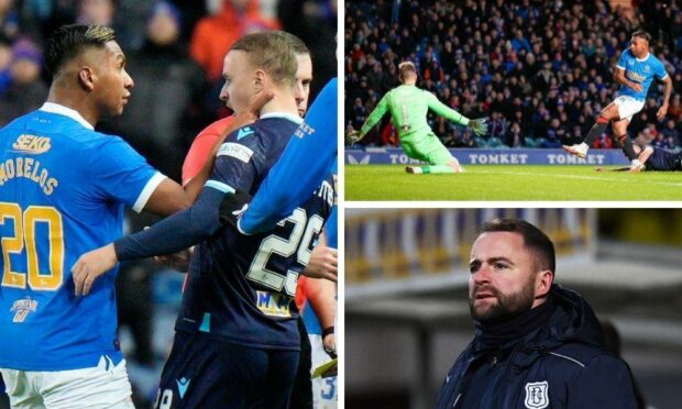 Alfredo Morelos confronts Leigh Griffiths, Adam Legzdins saves and Dundee boss James McPake.