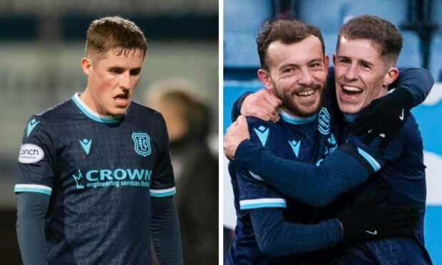 Luke McCowan dejected against Ross County (left) and jubilant against Motherwell since (right).