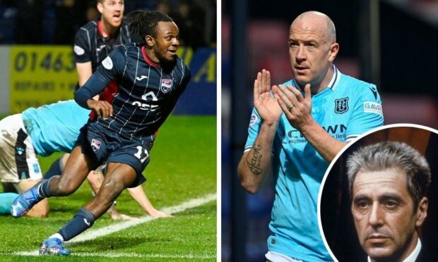Left: Regan Charles-Cook celebrates the winner for Ross County. Right: Dundee captain Charlie Adam picked up an injury. Inset: Al Pacino in Godfather Part Three.