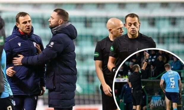 Dundee boss James McPake holds back assistant Dave Mackay from referee Gavin Duncan at the end of the 1-0 defeat to Hibs. Inset: Ryan Sweeney sees red.