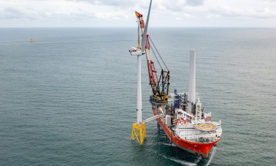 The first turbine being installed at the Seagreen wind farm, off the Angus coast.