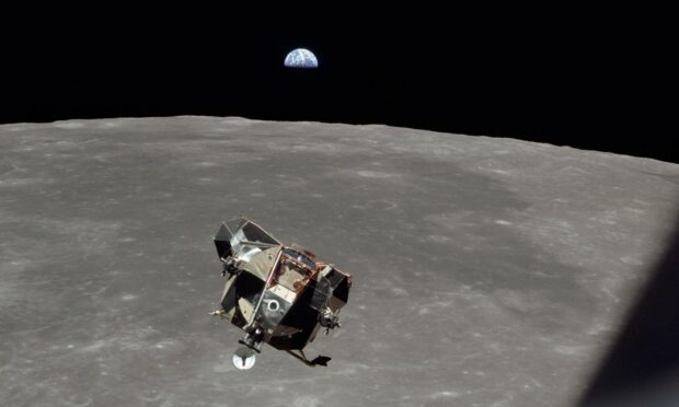 The Apollo 11 Lunar Module ascending from the moon's surface.