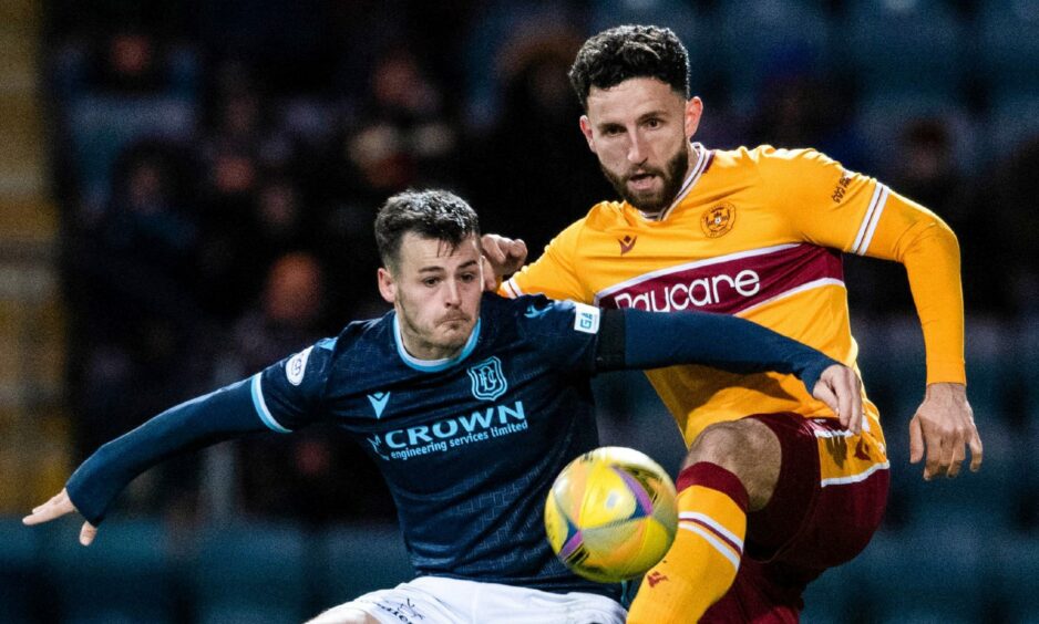 Dundee striker Danny Mullen and Motherwell's Ricki Lamie.