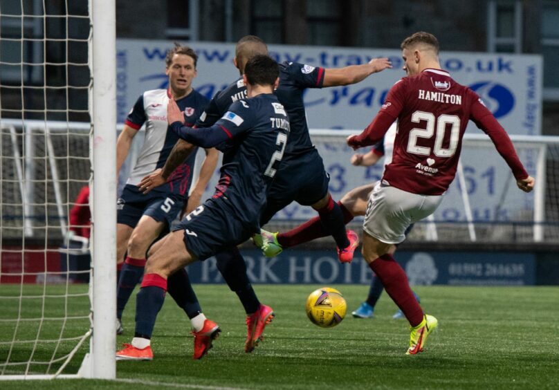 Jack Hamilton managed to slot home to equalise despite Raith players around him.