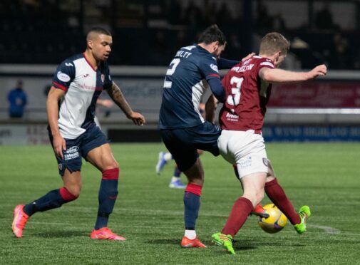 Colin Hamilton is fouled inside the box by Raith Rovers' Reghan Tumilty