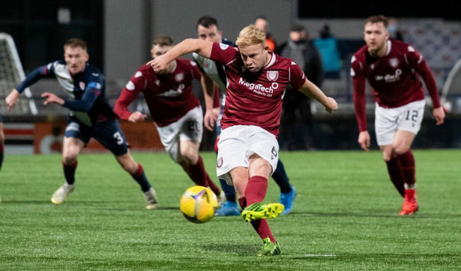 NIcky Low converts the penalty to make it 2-1 Arbroath.