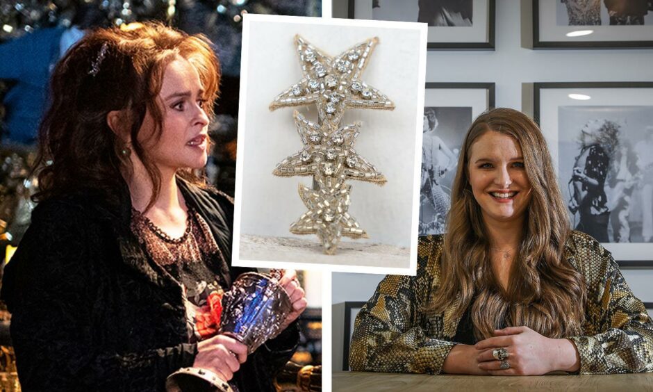 Helena Bonham Carter and a picture of the star hair clip from Jade Robertson's boutique that she wore.