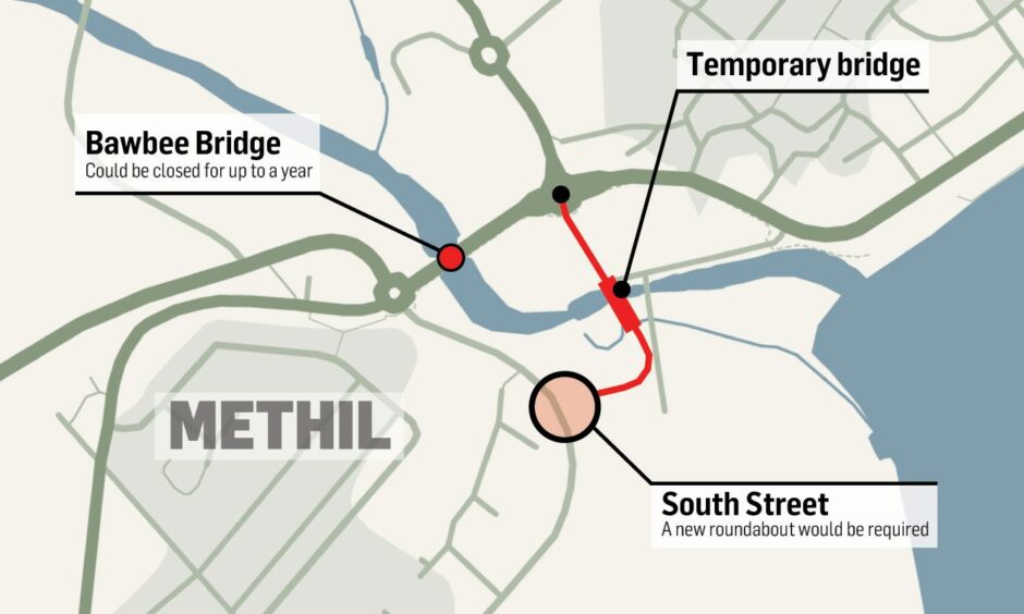 The route of the diversion via a temporary bridge and new roundabout.