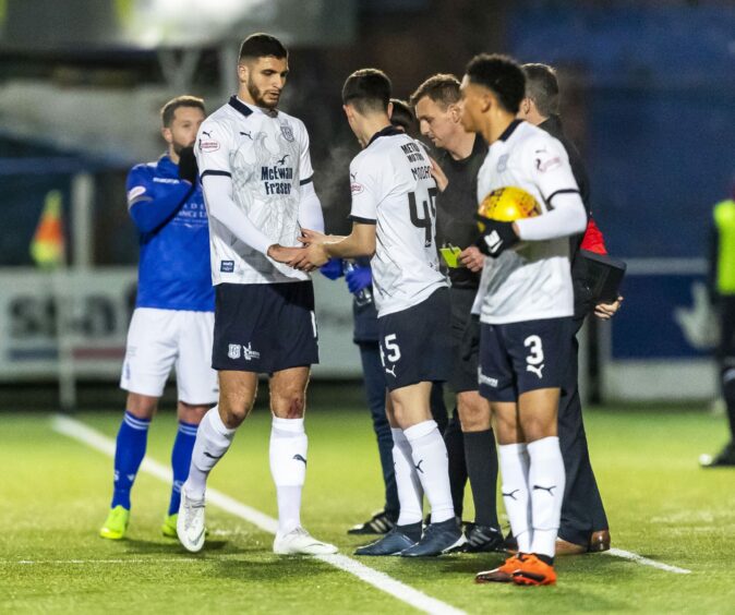 Callum Moore seen here replacing Ryan Inniss for Dundee in the Scottish Cup against Queen of the South.