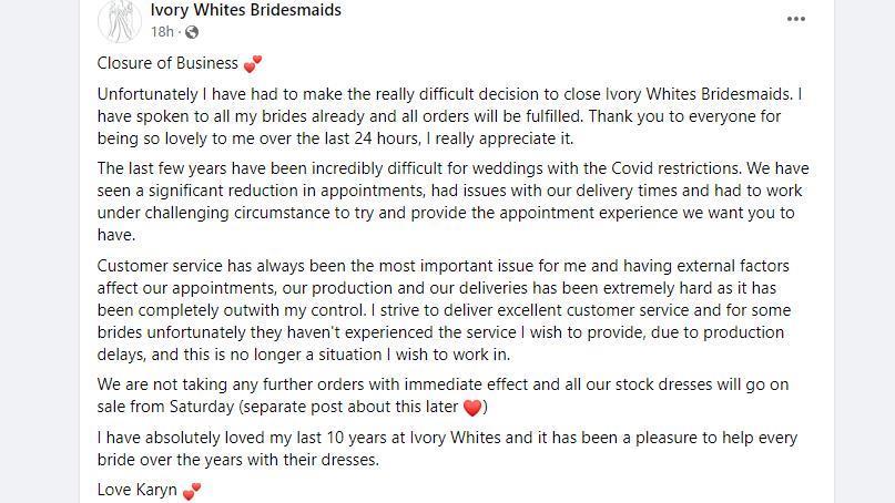 Ivory Whites Bridesmaids' Facebook message to customers.