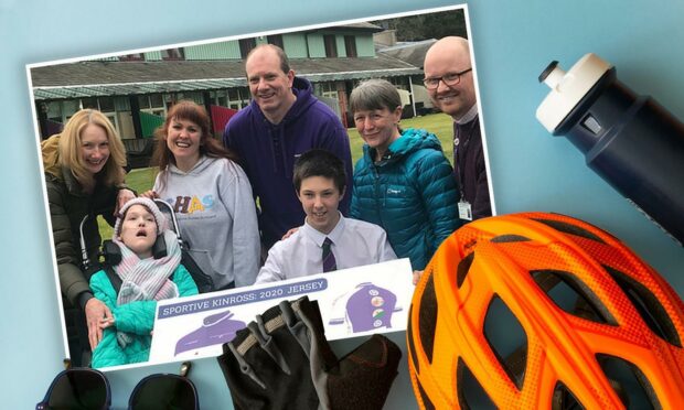 From left to right; Isla and Marion Riddell; Lyndsey Stobie (CHAS), Jeff Wall (Sportive Kinross), Rory Maddocks (Kinross High School), Jane Timperley (Kinross Cycling Club), Stuart McDonald (Kinross High School teacher).