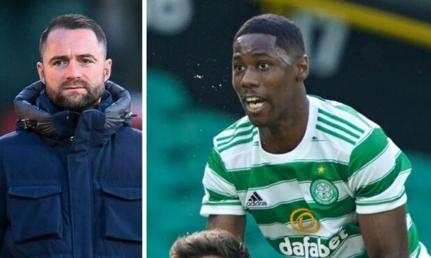 Dundee boss James McPake and Celtic's Osaze Urhoghide (right).