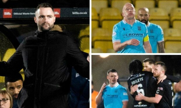 Dundee boss James McPake, skipper Charlie Adam and Livingston celebrating.