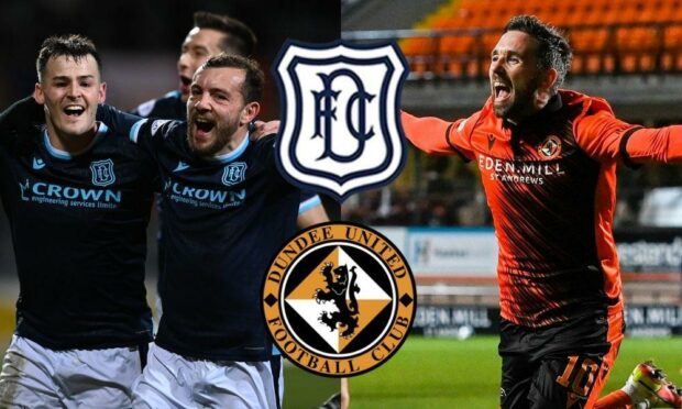Dundee's Danny Mullen (left) and Paul McMullan and Dundee United striker Nicky Clark (right).