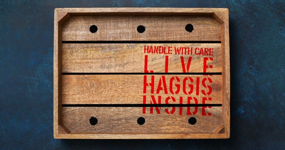 Crate with haggis inside ready to be delivered