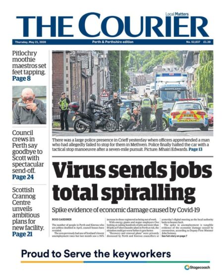 May 21, 2020, front page of The Courier highlights economic pressure caused by Covid.