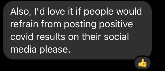 A message from a senior staff member at the pub chain during a Covid outbreak in December 2021. It reads: "Also, I'd love it if people would refrain from posting positive covid results on their social media please".