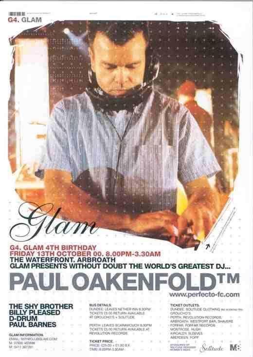 A poster for a Glam night event with DJ Paul Oakenfold