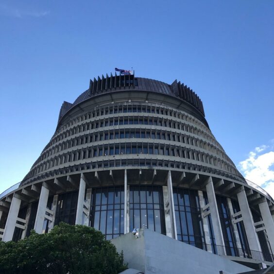 The New Zealand parliament building, known as the Beehive, in Wellington. 