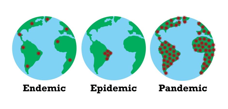 A comparison of how diseases spread around the world: Endemic, Epidemic and Pandemic.