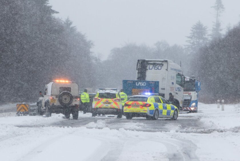 A jacknifed lorry on the southbound carriageway of the A90 South of Forfar.