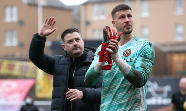 Dundee United boss Tam Courts and departing goalkeeper Benjamin Siegrist.