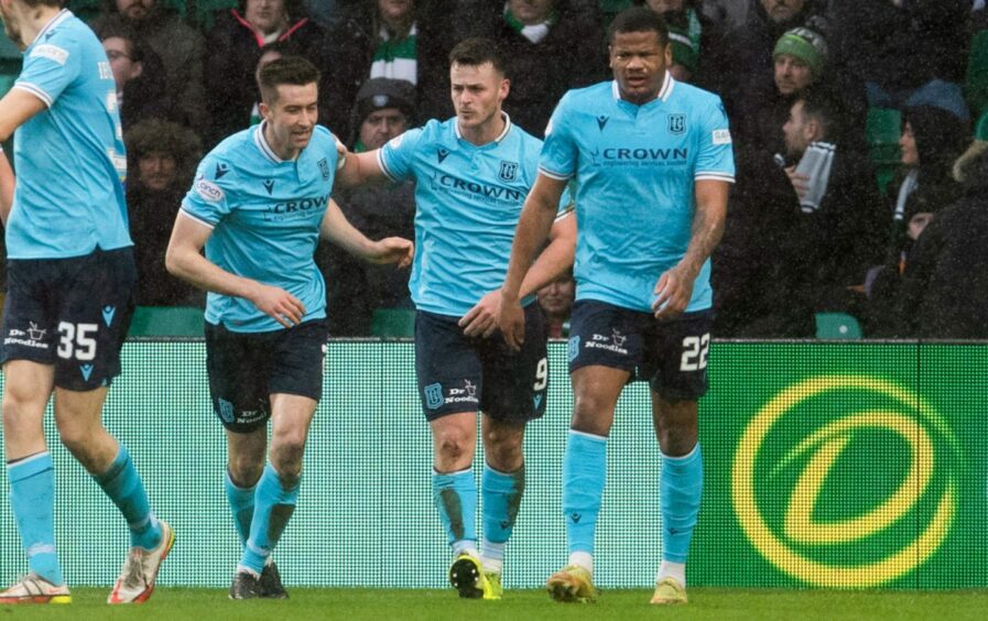 Danny Mullen celebrates after making it 1-0 to Dundee
