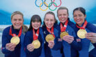 Great Britain's Mili Smith, Hailey Duff, Jennifer Dodds, Vicky Wright and Eve Muirhead celebrate gold medal triumph.