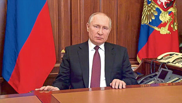 Russia's President Vladimir Putin delivers an address to announce a special military operation in Donbass. Amid the escalating conflict in east Ukraine, on February 18, 2022